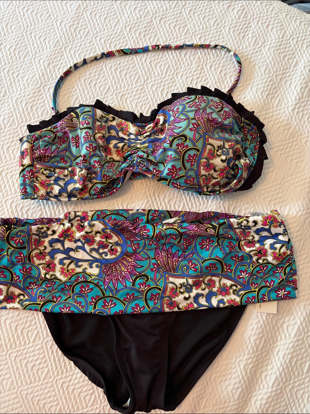 Kenneth Cole Teal, Purple & Black Paisley Bandeau Bikini Set